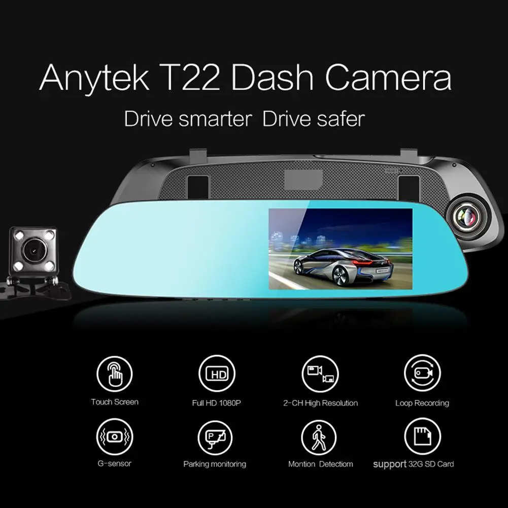 

T22 5'' Touch-Screen Car DVR Camera Full HD 1080P Dash Cam G-sensor Night Vision WDR Video Recorder with Rear View Camera
