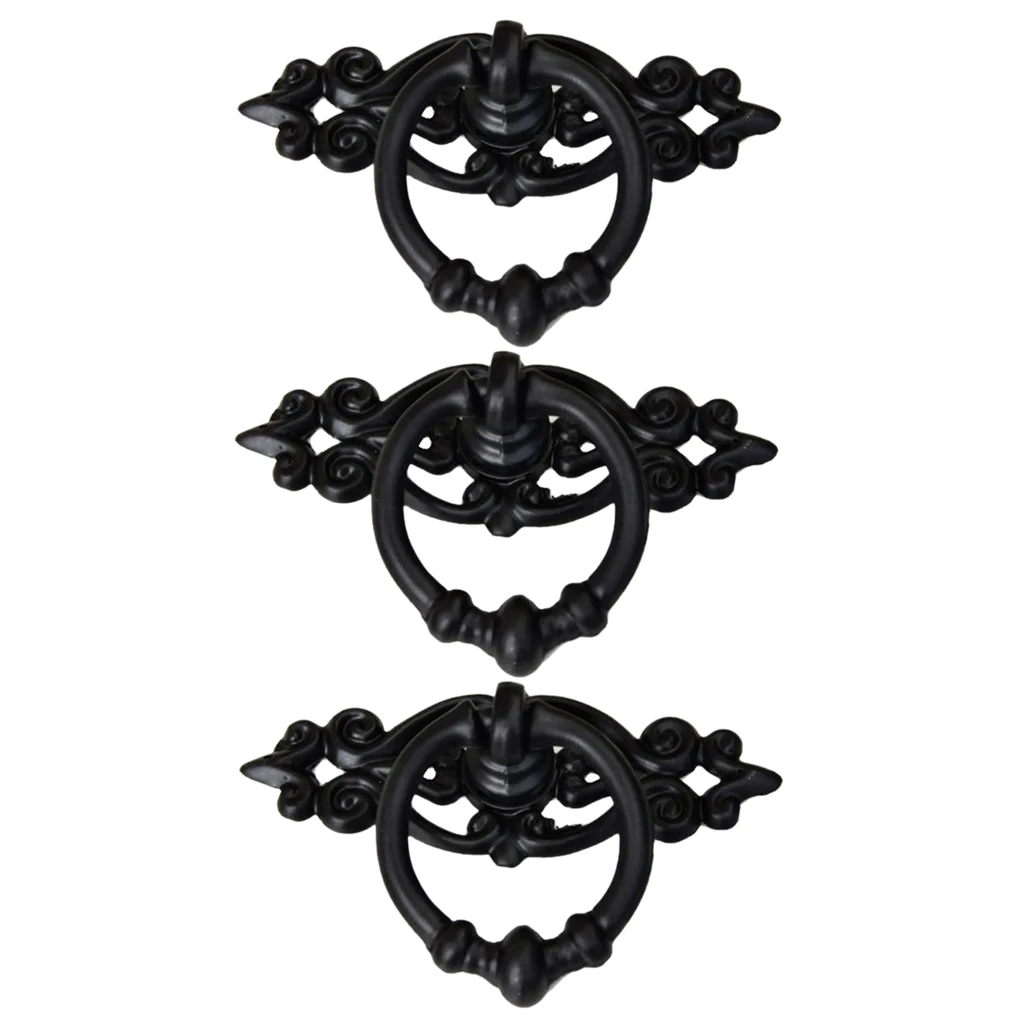 3 Piece Black Antique Cabinet Door Drawers Cupboard Ring Pull Handle Retro Knob