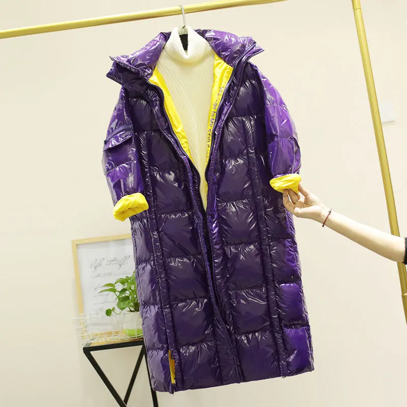 Новинка зимнее женское пуховое пальто корейского размера плюс длинный пуховик с капюшоном черное толстое теплое Женское пальто Модная Куртка парка - Цвет: purple