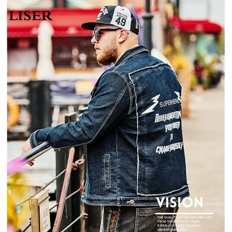 

LISER Denim Jacket Mens Hip Hop Jacket Print Graphic Loose Plus Size Jeans Jacket Men Hole Oversized Jacket Streetwear