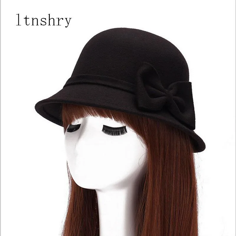 

2019 new Spring Fashion Vintage Women Ladies Wool Fedora Hat With bow Bucket Dome Bell Bow Felt Hats Women Cap Hats Top hat