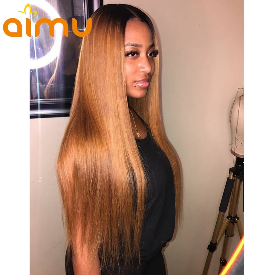 1b 27 Dark Roots Honey Blonde Lace Front Hair Wigs Long Straight