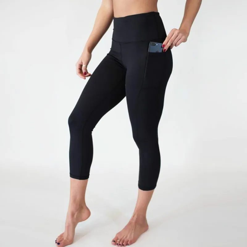 Новая женская одежда с высокой талией, леггинсы до середины икры, штаны, однотонные, с карманом для мобильного телефона, женские для фитнеса Упражнения для брюк
