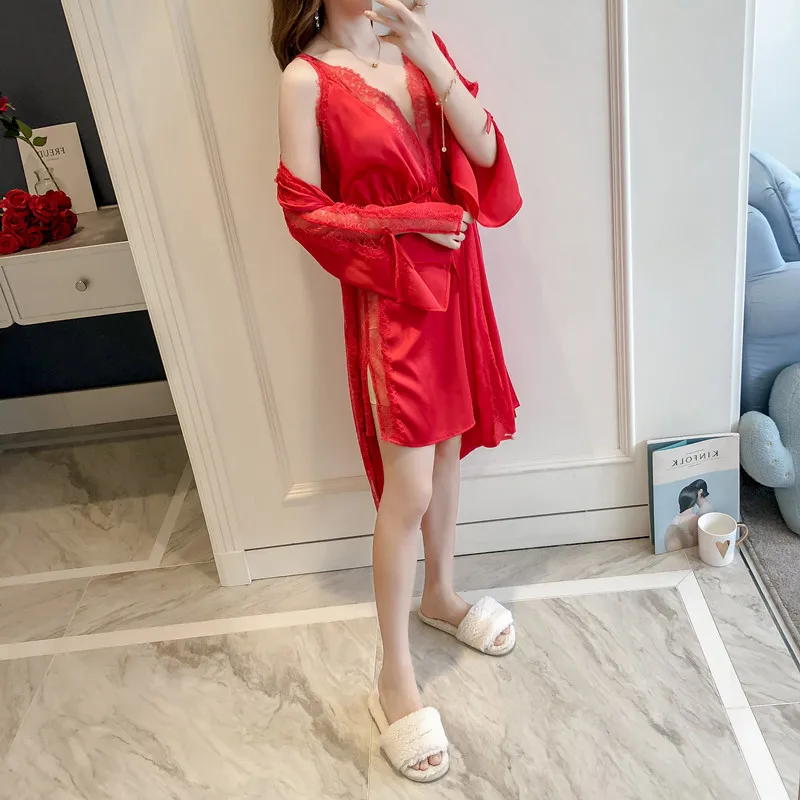 Пижама атласная пижама Высококачественная шелковая Домашняя одежда Соблазнительная Пижама для сна Розовая Сексуальная Одежда Нижнее белье - Цвет: Red