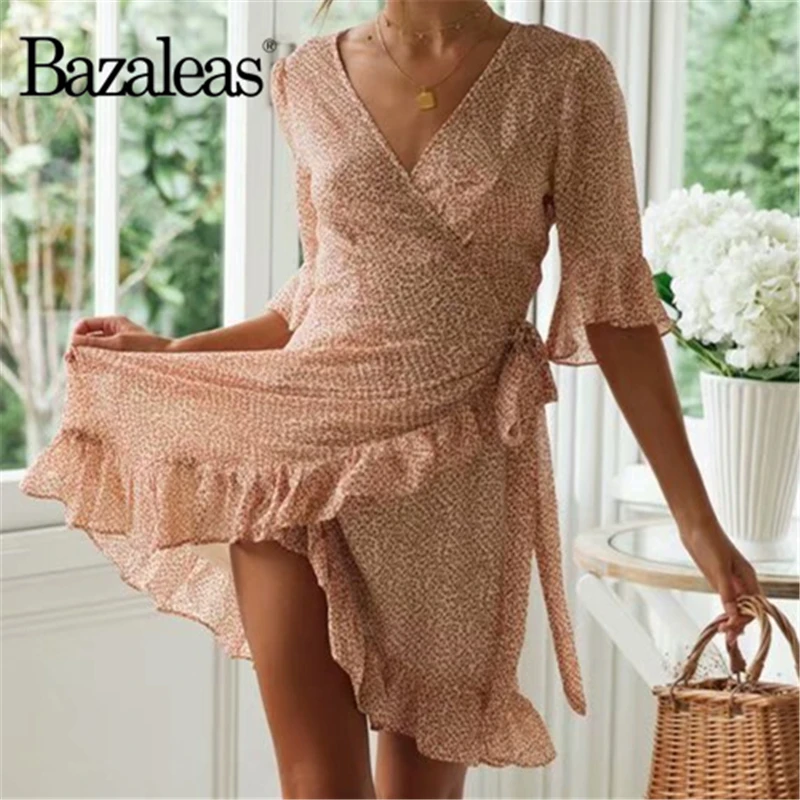 Bazaleas модное женское платье с завязками сбоку, праздничное Оранжевое Женское платье с цветочным принтом, винтажное платье с запахом, Прямая поставка
