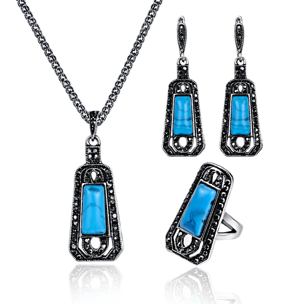 

Creative Antique Silver Women Jewelry Sets Red Green Blue Resin Geometric Necklace Earrings Ring 3Pcs For Lover Anniversary Gift
