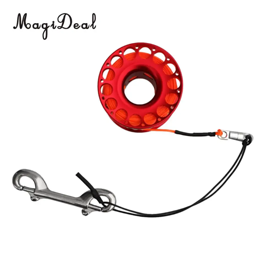 MagiDeal Red Aluminum Alloy Scuba Diving Finger Reel Spool with 15/30m Line Bolt Snap for Snorkeling Freediving Accessories
