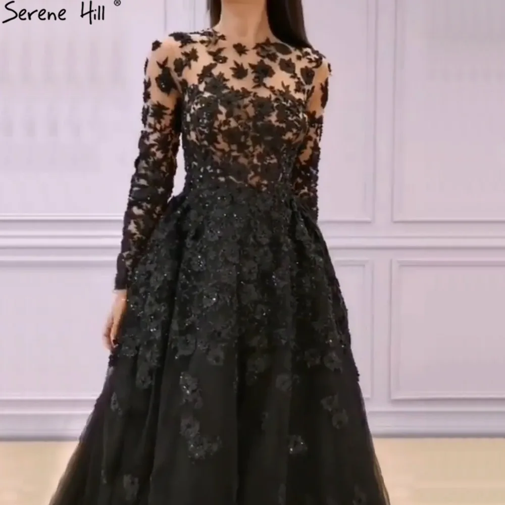 Мусульманские черные вечерние платья с длинными рукавами и кристаллами, вечерние платья с круглым вырезом и цветами ручной работы, Serene hilm LA70007