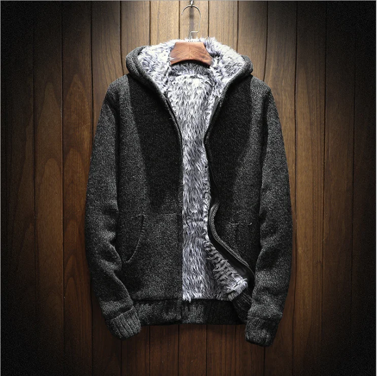 Плюс Размеры более Размеры d теплый плюш Искусственный мех толстый трикотаж свитер Для мужчин зимняя куртка вязать пальто Верхняя одежда с капюшоном с длинными рукавами джемпер