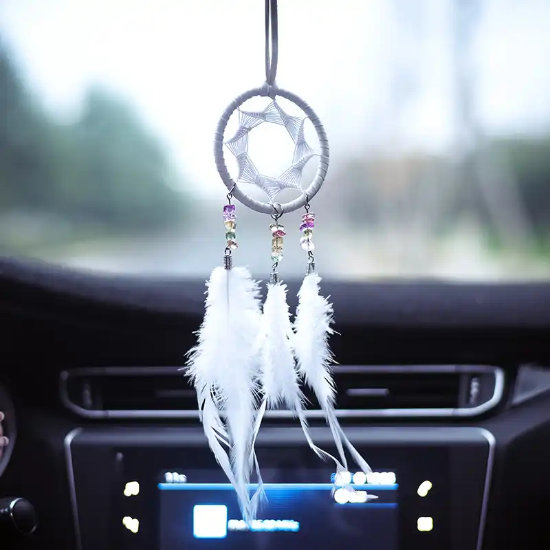 Forala Car Rear View Mirror Hanging Pendant Feather Dream Catcher Crystal Charm Bling Car Accessories for Women 