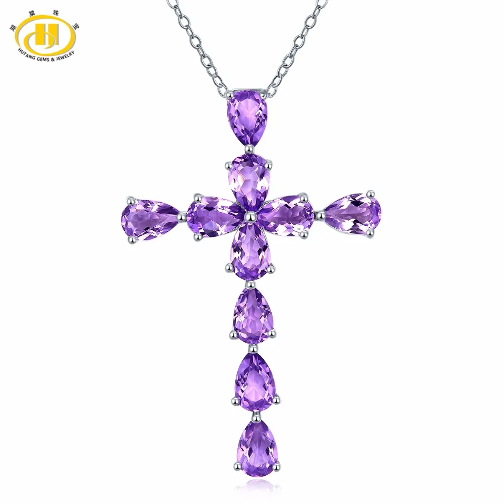 Hutang 3.3CTW Natural African Amethyst Solid 925 Sterling Silver Cross