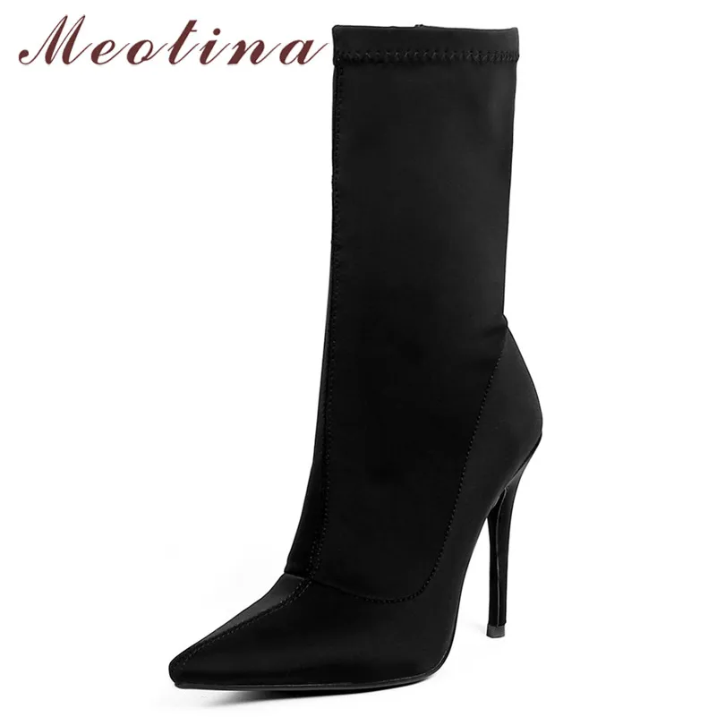 

Meotina Autumn Elastic Boots Women Slim Stretch Stiletto Heels Mid-calf Boots Zip Extreme High Heel Shoes Ladies Spring Size 39