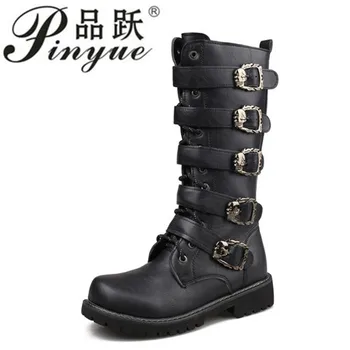 

Men Black Retro Combat Boots Belt Buckle Punk Motorcycle Boots Leather Military Boots Autumn Men Shoes SIZE 37-45