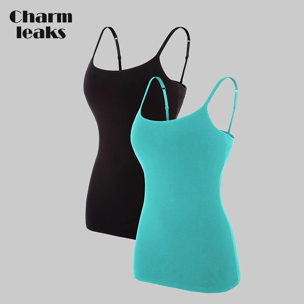 

Charmleaks Women Basic Camis Cotton Soft Camisole Tank Tops Bulit In Self Bra Adjustable Straps Sleepwear Jogging Wear Pack of 2