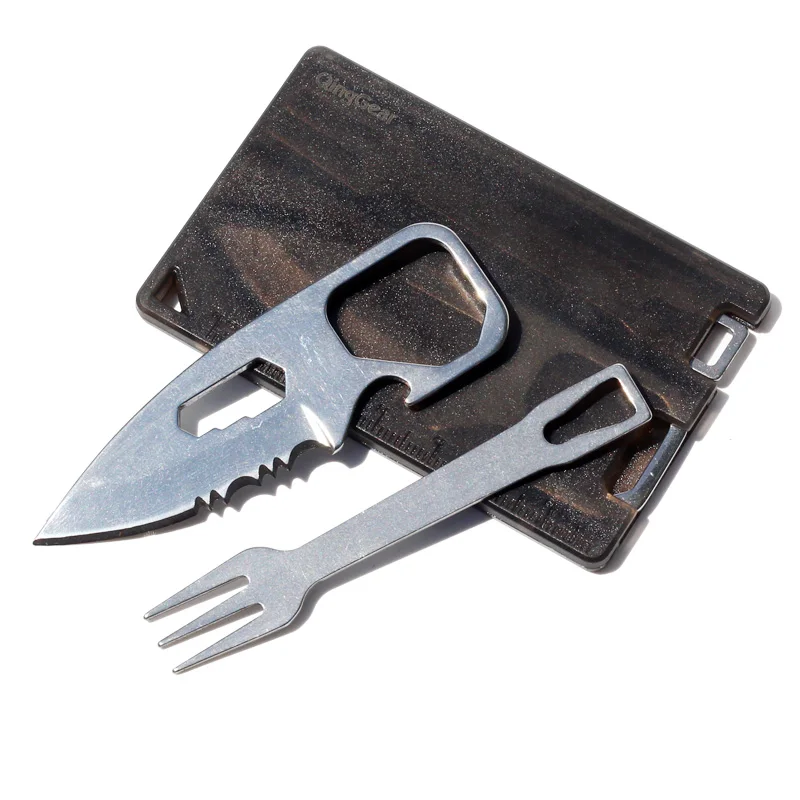 

QingGear Multifunctional Survival Tool Card Knife and Forks Outdoor Cutlery Kit Tableware With Hex Wrench Bottle Opener Ruler