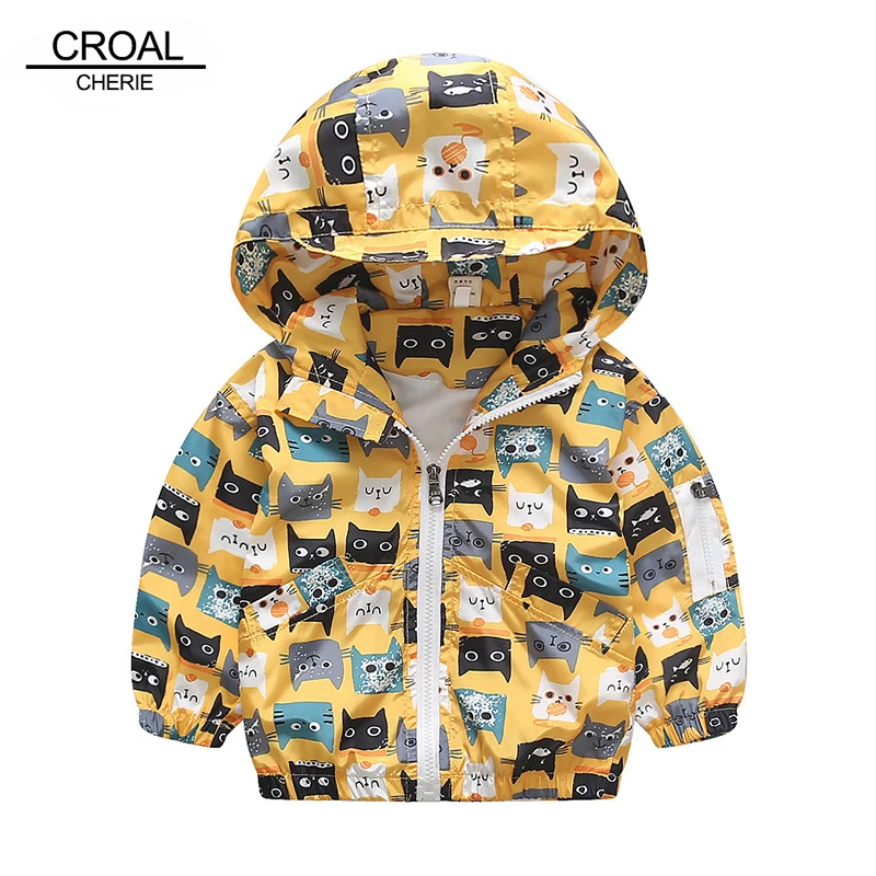 CROAL CHERIE 90 120cm Cat Printing Active Kids Boy Jacket Windbreaker Yellow Children Clothing
