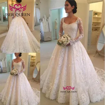

Lace Appliques Vintage Muslim Arab Wedding Dress Ball Gown New Full Sleeves Button Back Princess Bride Dresses W0487