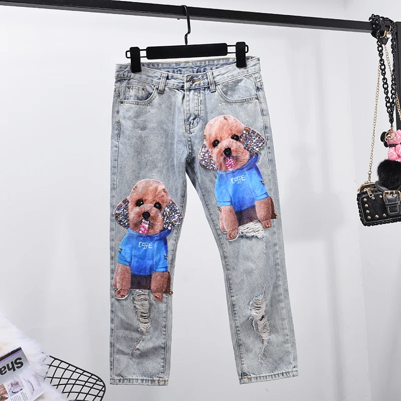 2018 new arrive cartoon puppy dog holes denim jeans, women street denim