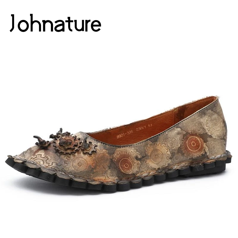 

Johnature 2019 New Spring/Autumn Retro Round Toe Genuine Leather Hand-painted Flower Shallow Totem Women Flat Shoes