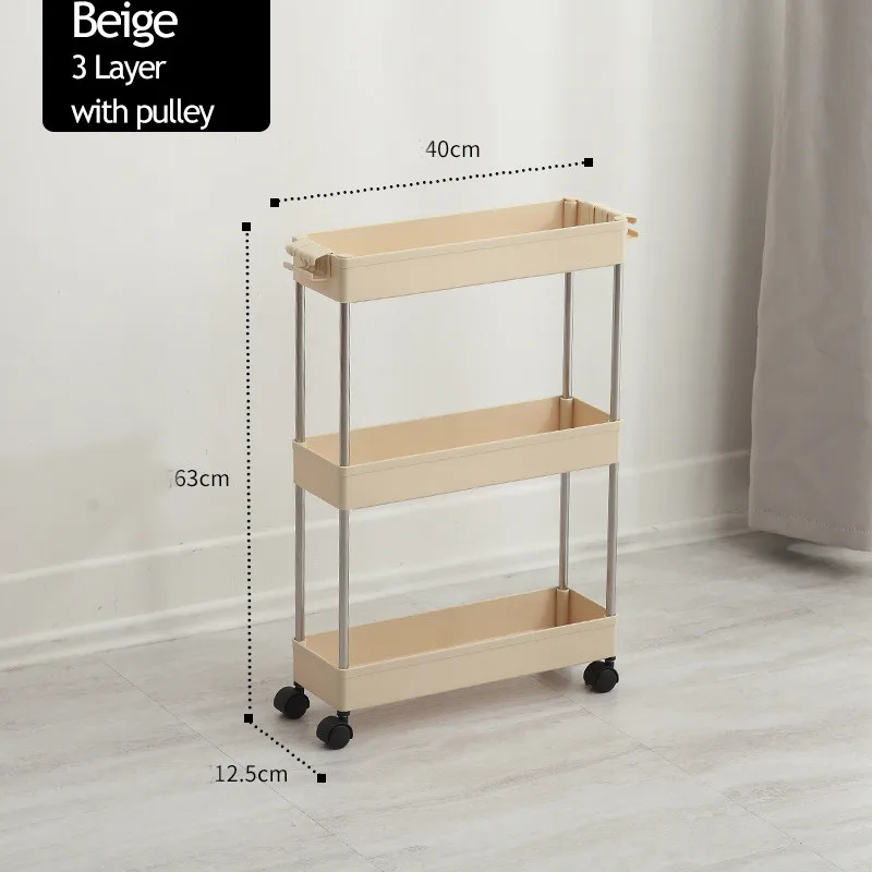 2/3/4 Layer Gap Storage Rack Kitchen Slim Slide Tower Movable Assemble Plastic Bathroom Shelf Wheels Space Saving Organizer - Цвет: Beige-3 Layer