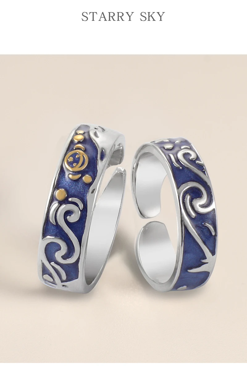 Qevila 2019 Fashion Personalized Rings Customized Van Gogh Enamel Ring 925 Sterling Silver Gold Moon Star Canvas Rings for women (11)
