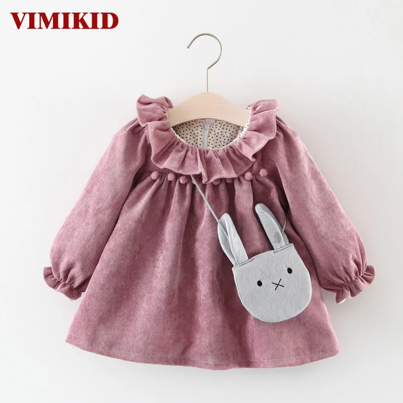 

VIMIKID Baby Girls Dresses 2017 New Long Sleeve Lotus Collar O-neck Puff Toddler Dress+Rabbit Pendant 2pcs Children Clothes