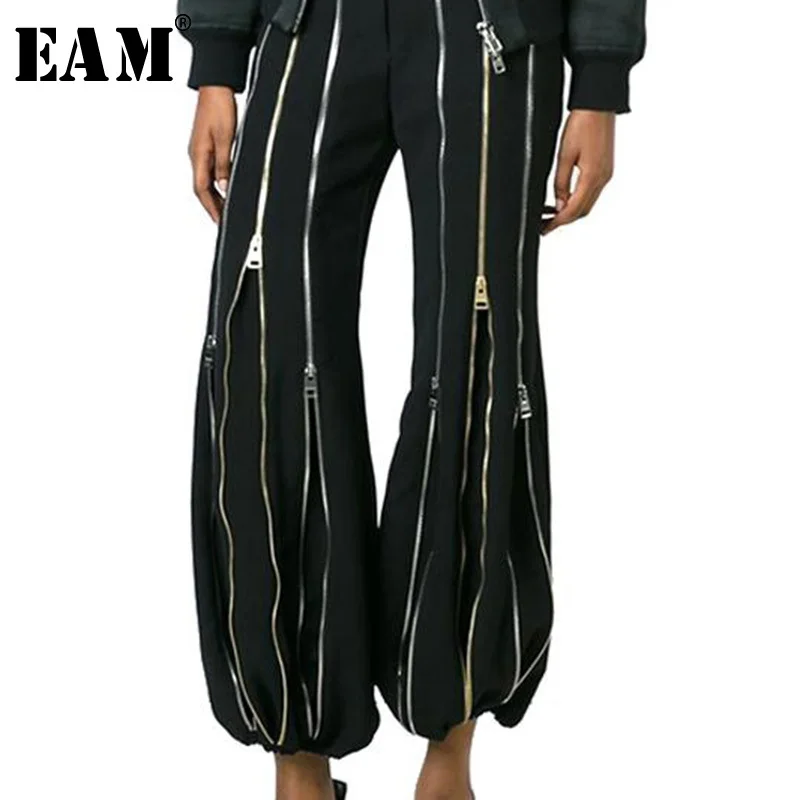 

[EAM] 2019 Autumn Winter Woman Personality Stylish New Black Color Spliced Many Zippers High Waist Pleated Flare Pants LE782