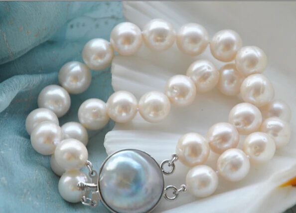 

001630 2row 8" 11-12mm white round white PEARL bracelet mabe