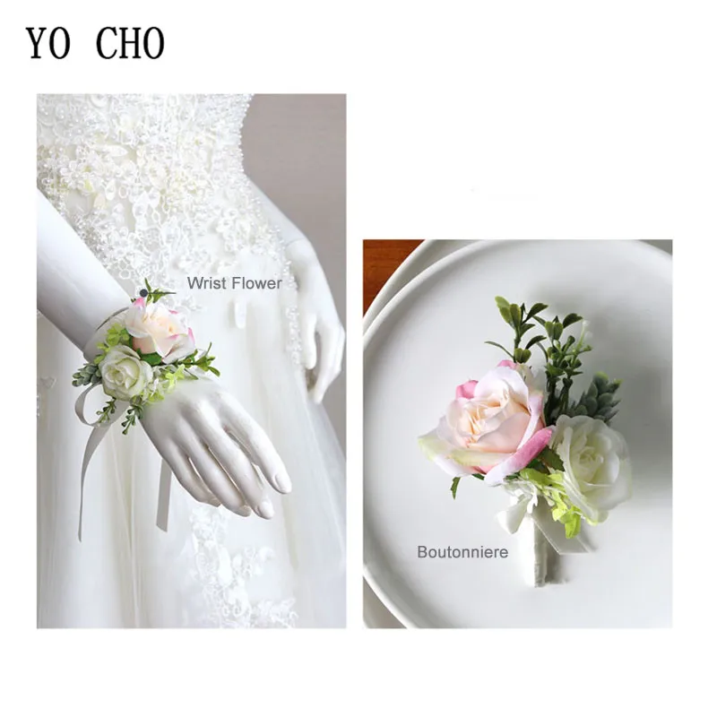 YO CHO White Wedding Corsage and Wrist Flower Suit Silk Rose Marriage Corsage Boutonniere Groom Guest Brooch Wedding Accessories