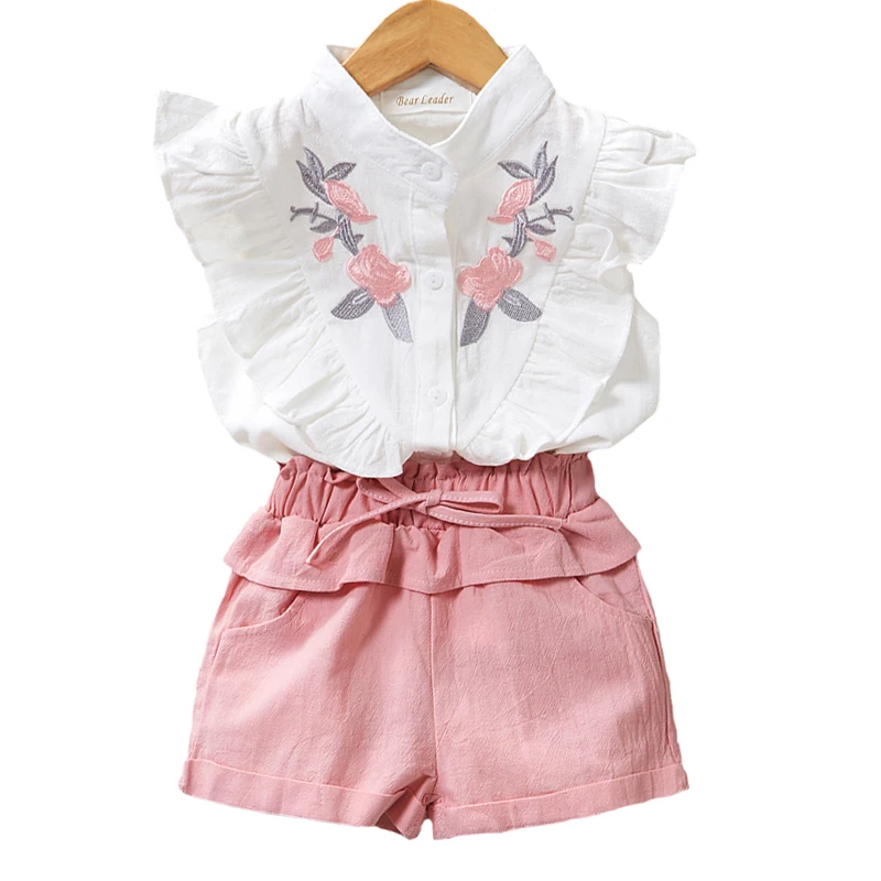 

Girls Suits Summer Cotton Embroidered Flower T-Shirt And Pink Pants Kids Clothes Toddler Girls Clothing Sets Children Clothing
