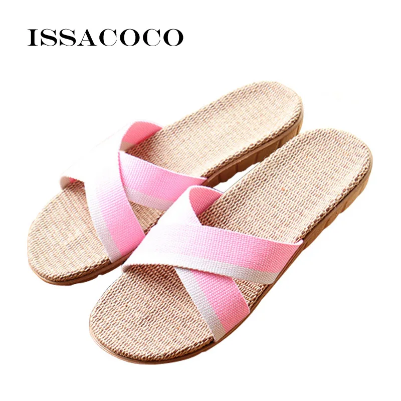 ISSACOCO/новые женские летние льняные тапочки с перекрестной шнуровкой разноцветные льняные тапочки из пеньки домашние шлепанцы пляжные шлепанцы Zapatillas