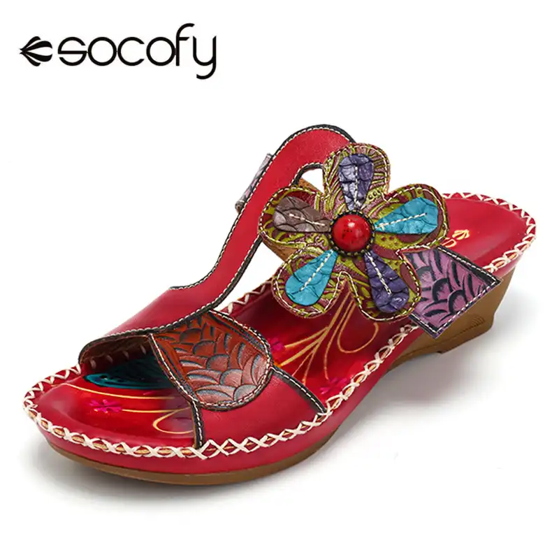 SOCOFY Women Casual Shoes Summer Slipper Handmade Genuine Leather Retro