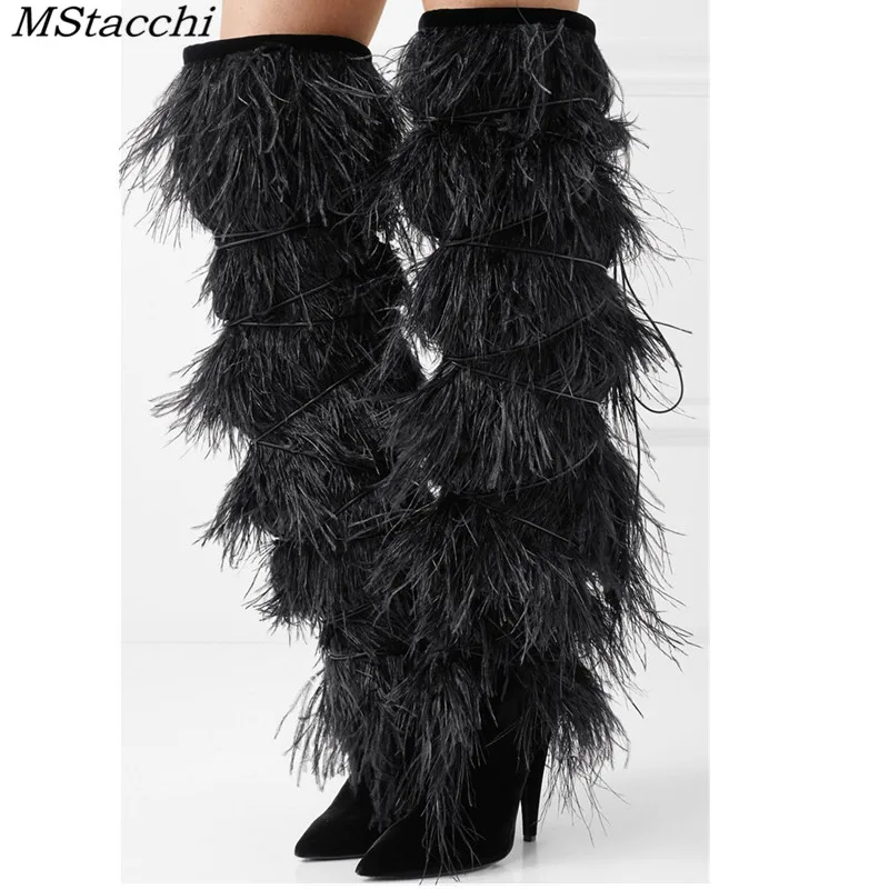 MStacchi Fur Feather Cover suede Knee high boots women Pointy Tassel
