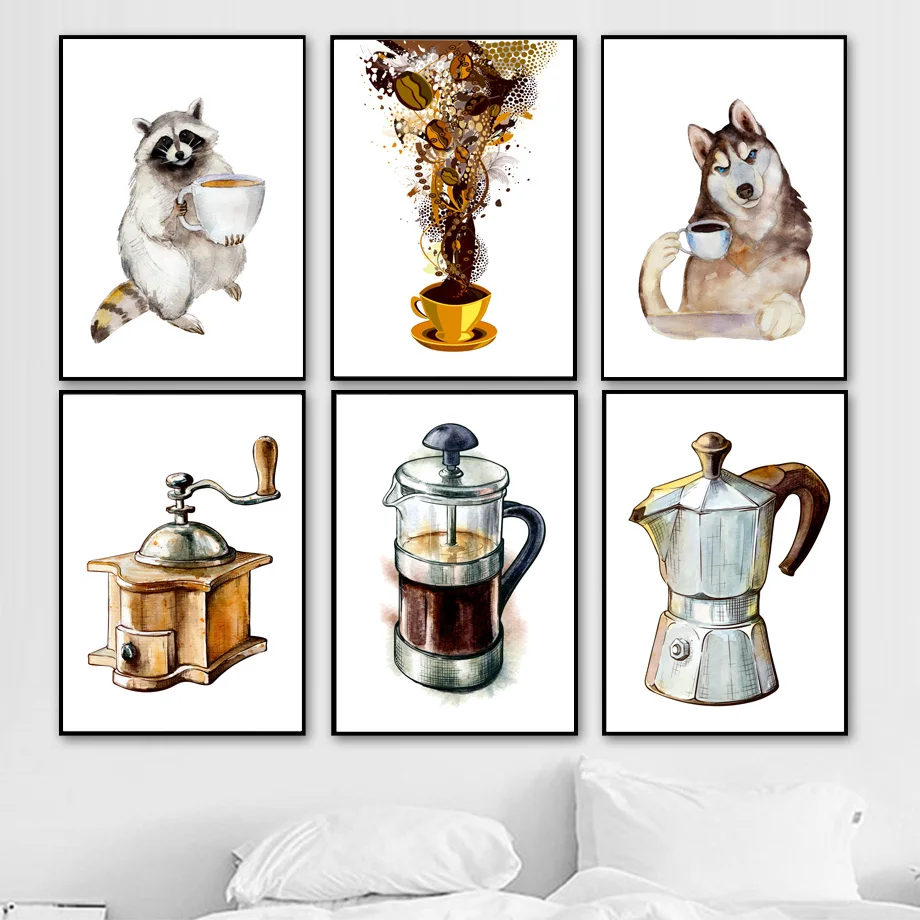

Watercolor Coffee Raccoon Dog Nordic Posters And Prints Wall Art Canvas Painting Wall Picture For Living Room Kitchen Home Decor