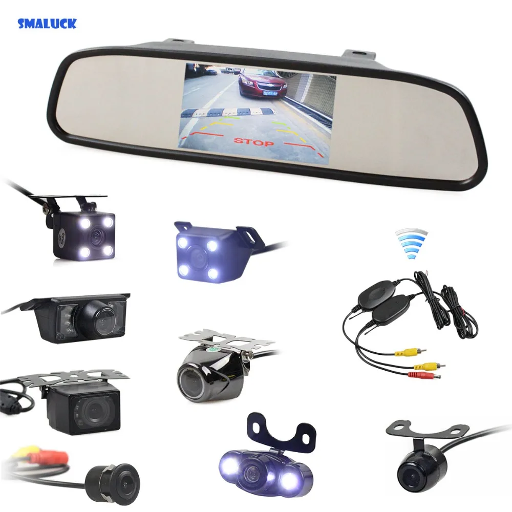 

SMALUCK Wireless 4.3inch Car Rearview Mirror Monitor Auto Parking Vedio + Backup Reverse Camera HD Car Rear View Camera