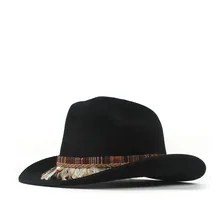 Шерсть для женщин и мужчин Шерсть полые западная ковбойская шляпа джентльмен папа рулон вверх по краям черный Outback Sombrero Hombre Монтана шляпа 57-59 см
