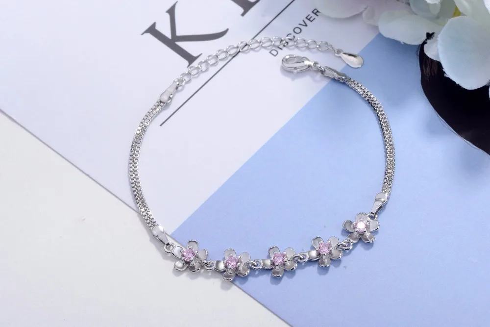 럭셔리  팔찌 보라색 지르코니아 매화 꽃 팔찌 & Bangles 여성용 Pulseira De Prata S-b51