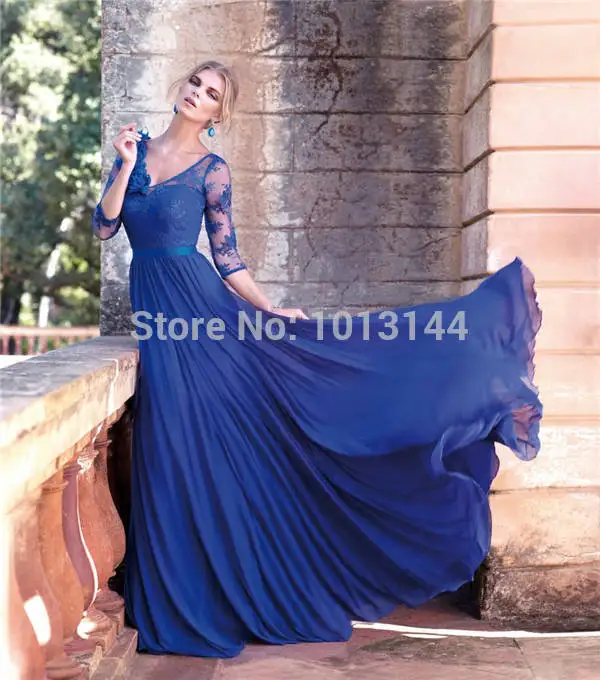 Buy Fashion Unique 2014 New Arrivals A Line V Neck Lace Royal Blue Sheer Chiffon Evening Dress with 3/4 Sleeve |