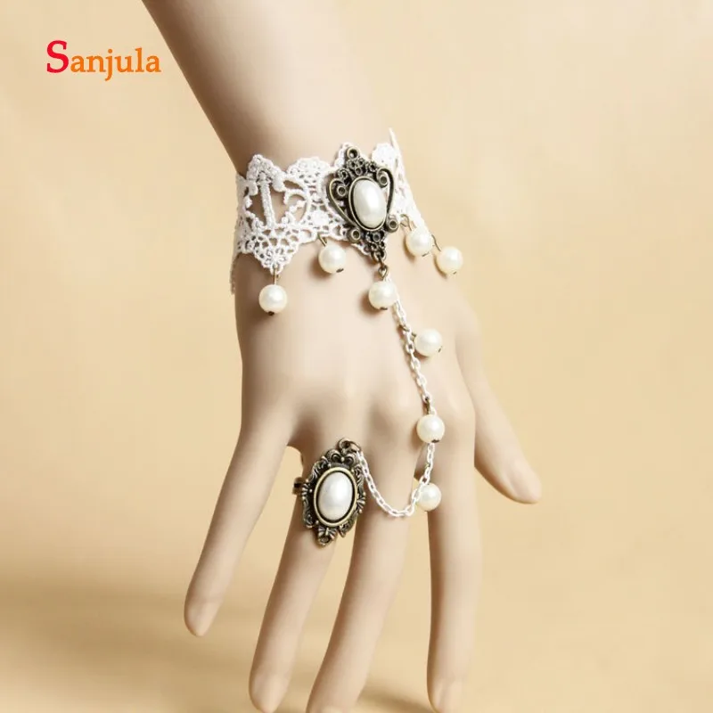 

White Lace Gloves with Pearls Charming Bracelet with Ring Waist Fingerless Wedding Gloves Girls Prom Party Accessories G58