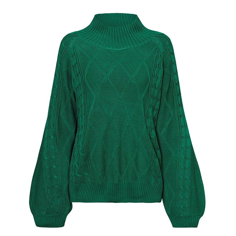 NLW Turtleneck Black Sweater Women Winter Oversized Knitted Sweater Jumper Fall Casual Lantern Sleeve Vintage Sueter Mujer - Цвет: Зеленый