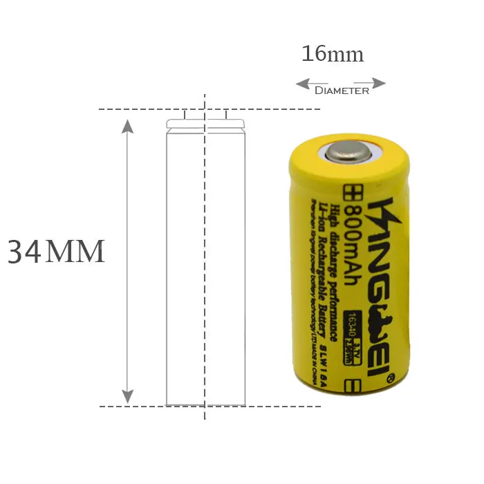 10 шт./лот желтый kingwei CR 123a 16340 800 мАч 3.7 В литий-ионный Перезаряжаемые Батарея для фонарика laserpen