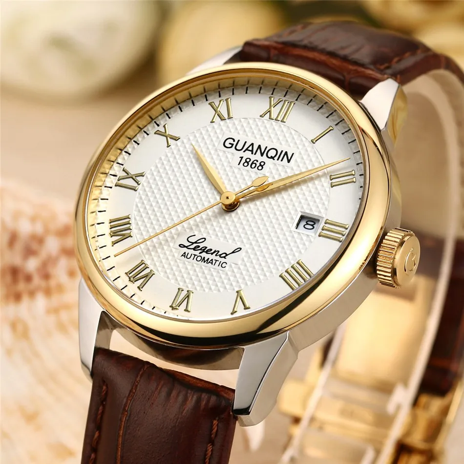 GUANQIN Mens watch Luxury Automatic Watch Men Mechanical Movement Wristwatches Waterproof Watches Top Brand White Day Display