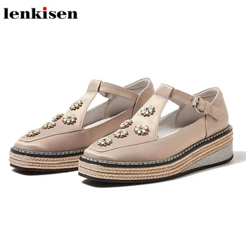 

Lenkisen Sardine cloth high heels square toe wedges beauty lady ankle straps sweet Princess metal decorations autumn shoes L91