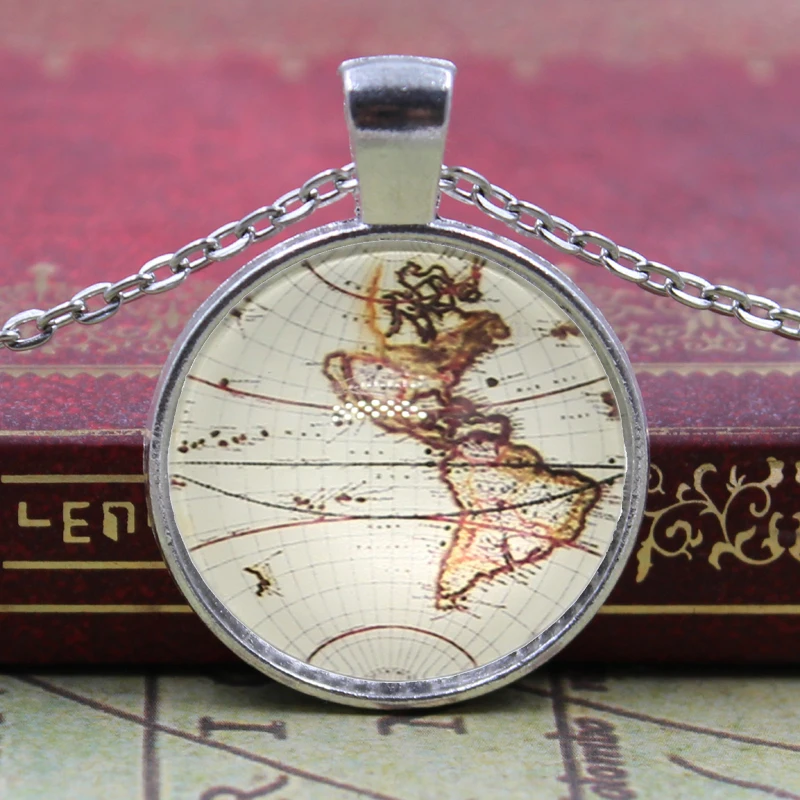 Pretty Cute World Map Earth Crystal Cabochon Pendant Fashion Silver Chain Collar Necklace for Women Elegant Jewelry | Украшения и