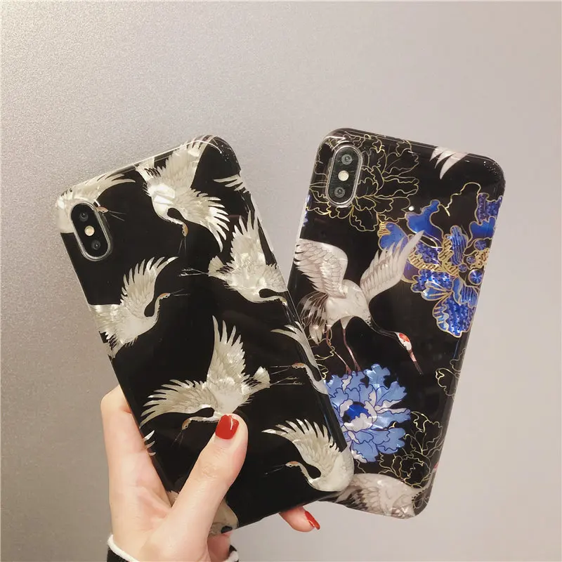 

Cartoon Flying White Crane Phone Cover For iPhone X XS Case IMD Soft Case For Etui iPhone XR XS Max 6 6S 7 8 Plus Funda Coque