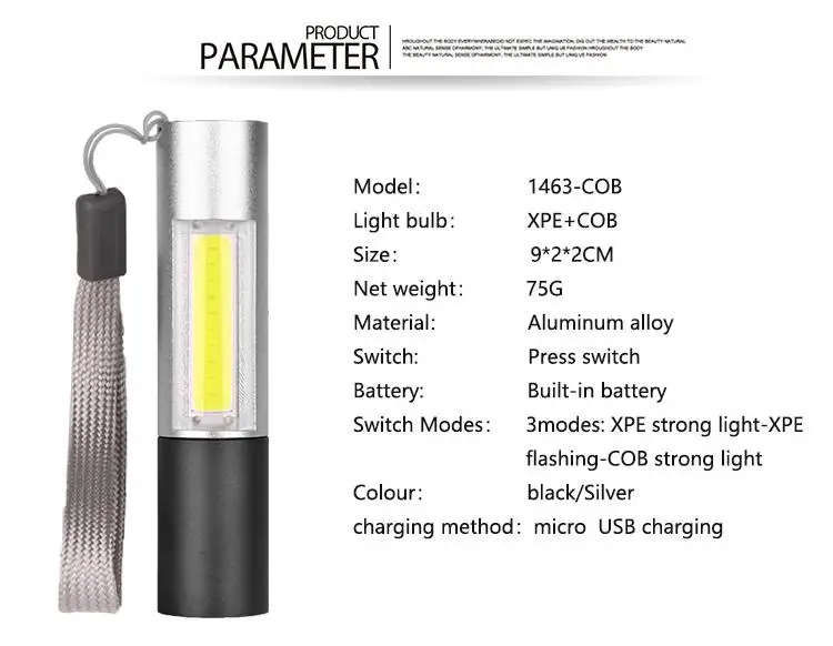 SOL светодиодный XPE+ COB мини USB Перезаряжаемый фонарик с подвесным канатом 9*2*2 см