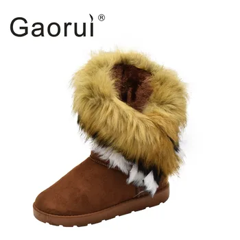 

Warm Flat Heel Solid Warm Boots Woman Mid-culf Slip On Flock Snow Boots Faux Rabbit Fur Leather Tassel Female Plush Suede Shoes
