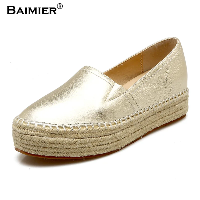

High Quality Women Flat Summer Espadrilles Bling Loafers Hemp Sole Platform Fisherman Shoes Creepers Lady Genuine Leather Shoes