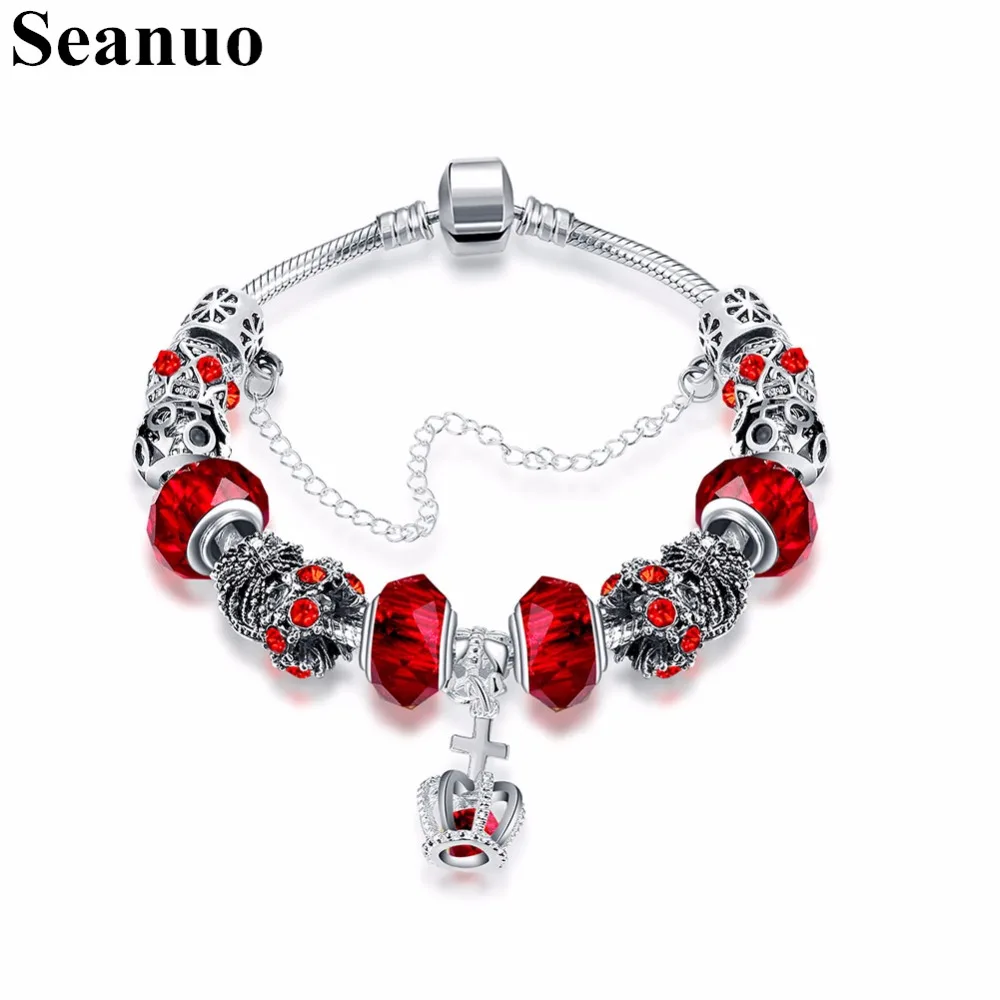 Seanuo 7 Color European Style Queen Crown &amp Cross Silver Charm Bracelet For Women Fashion DIY Murano Beads CZ Crystal Bracelets |