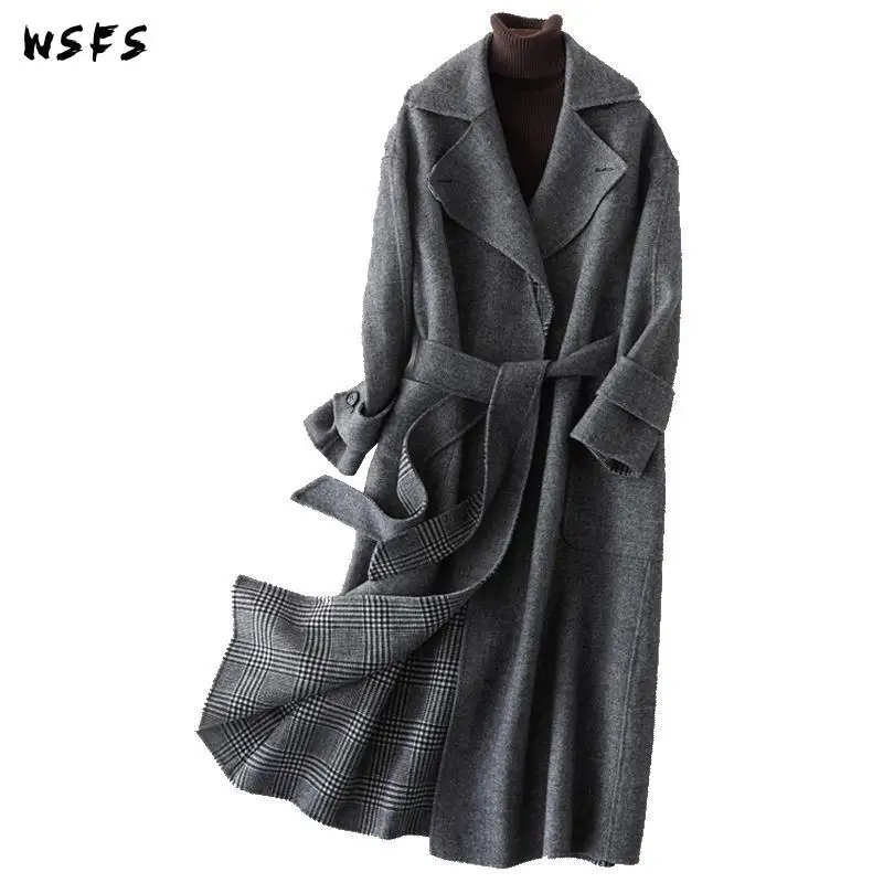 

Winter Women Coat Gray Plaid Reversible Long Sleeve Sheep Wool Cashmere Coats Ladies Elegant Trench Woolen Overcoats Outerwear